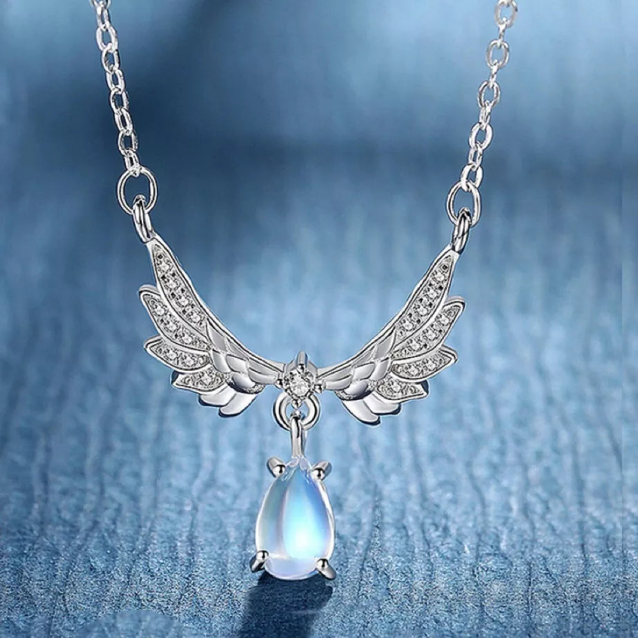 Crystal Angel Wing Moonstone Pendant Necklace