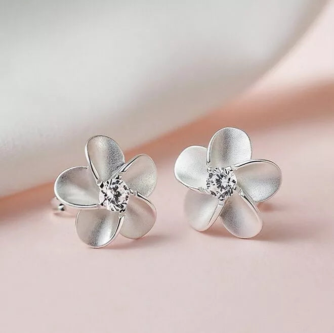 925 Sterling Silver Flower Crystal Stud Earrings