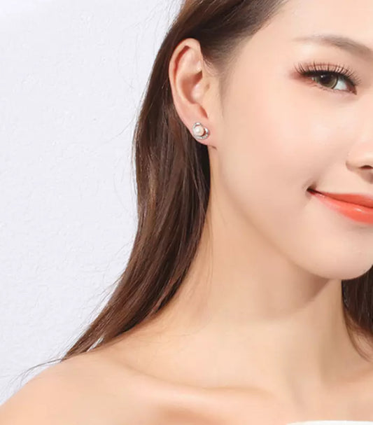 925 Sterling Silver Crystal Heart Pearl Stud Earrings