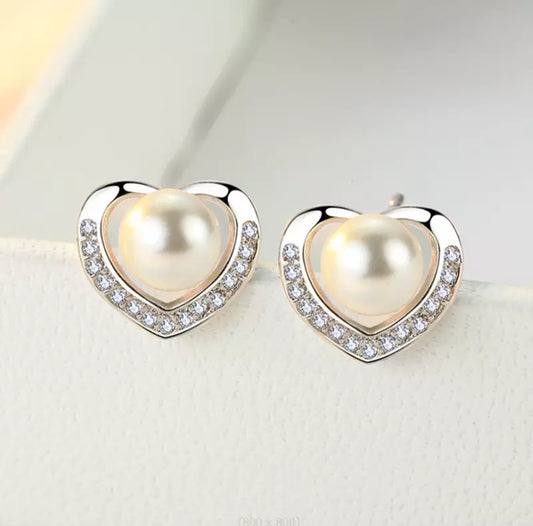925 Sterling Silver Crystal Heart Pearl Stud Earrings