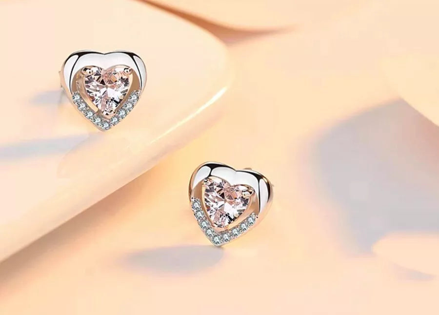 925 Sterling Silver Clear Stone Heart Stud Earrings