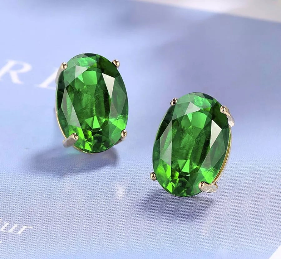 925 Sterling Silver Green Crystal Oval Stud Earrings