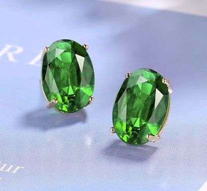 925 Sterling Silver Green Crystal Oval Stud Earrings