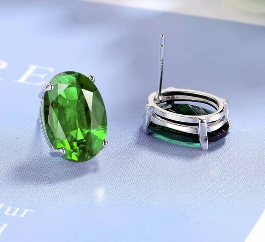 925 Sterling Silver Green Crystal Oval Stud Earrings