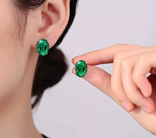 925 Sterling Silver Green Crystal Oval Stud Earrings