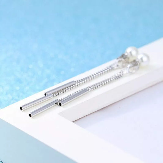 925 Sterling Silver Long Chain Pearl Dangle Tassel Drop Earrings