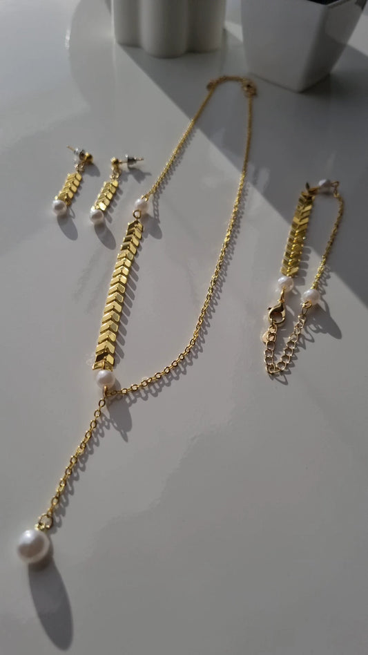 Pearl Leaf Wheat Gold Necklace Earring Bracelet Set