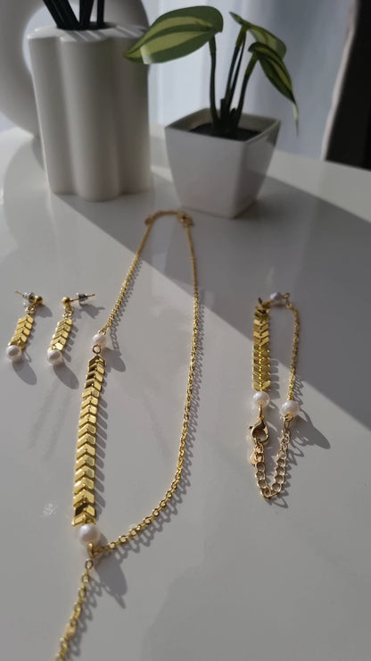 Elegant Pearl Wheat Ear Necklace, Earring and Bracelet Set