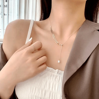 Elegant Pearl Wheat Ear Necklace, Earring and Bracelet Set