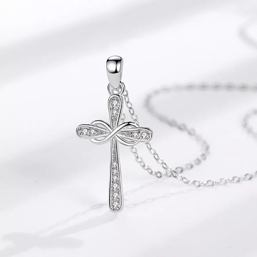 925 Sterling Silver Crystal Infinity Cross Pendant Necklace