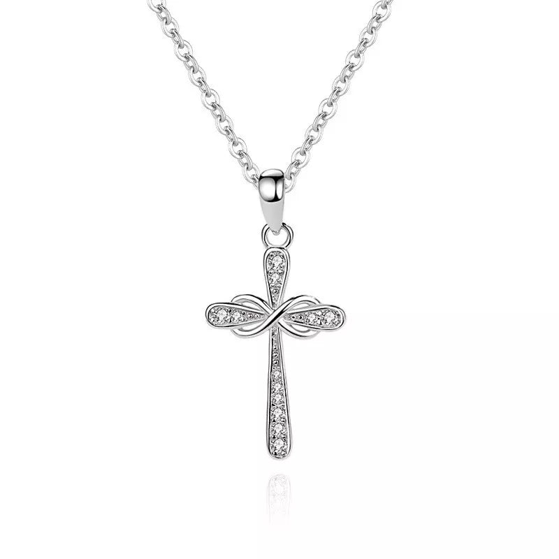 925 Sterling Silver Crystal Infinity Cross Pendant Necklace