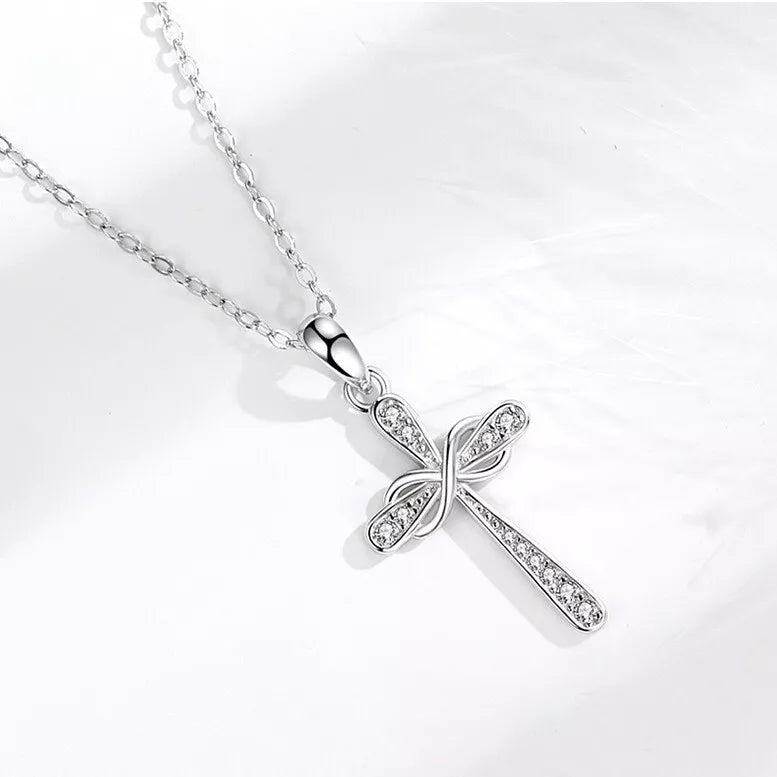 925 Sterling Silver Crystal Infinity Cross Pendant Necklace