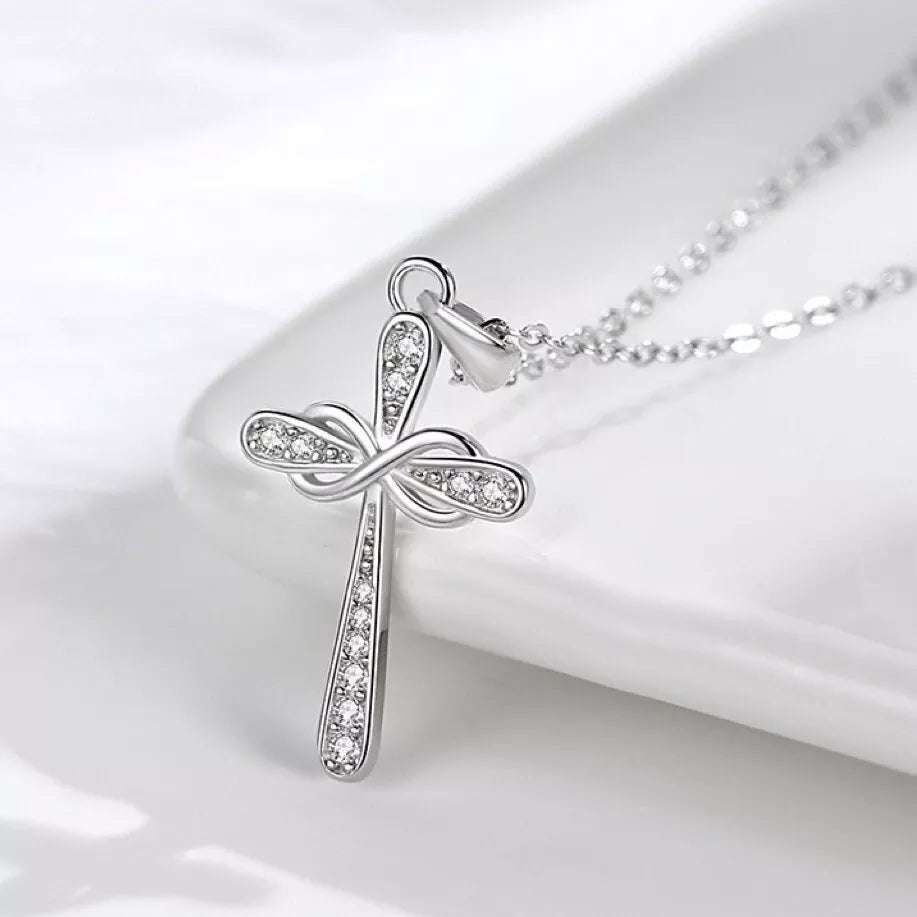 925 Sterling Silver Crystal Infinity Cross Pendant Necklace
