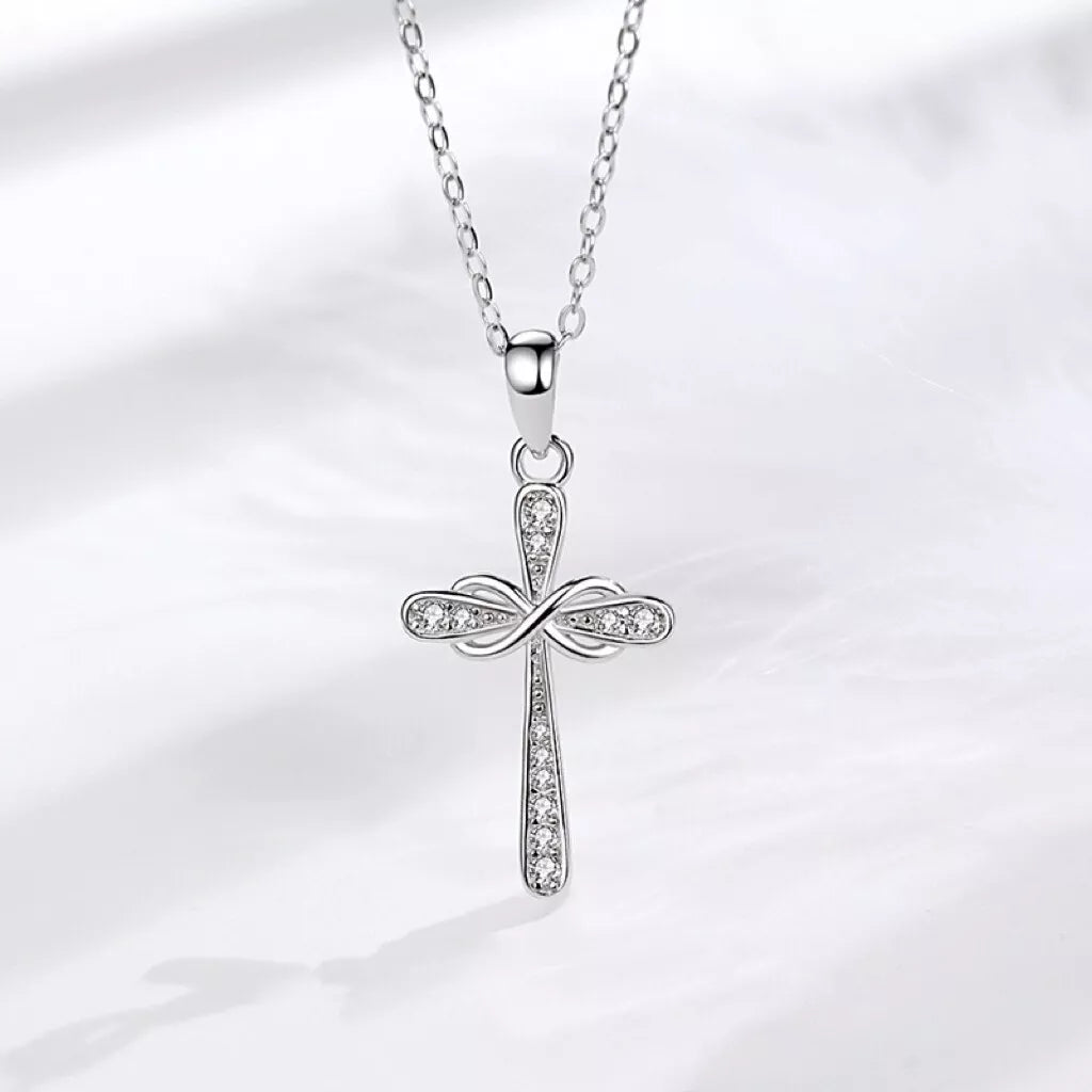 925 Sterling Silver Crystal Infinity Cross Pendant Necklace