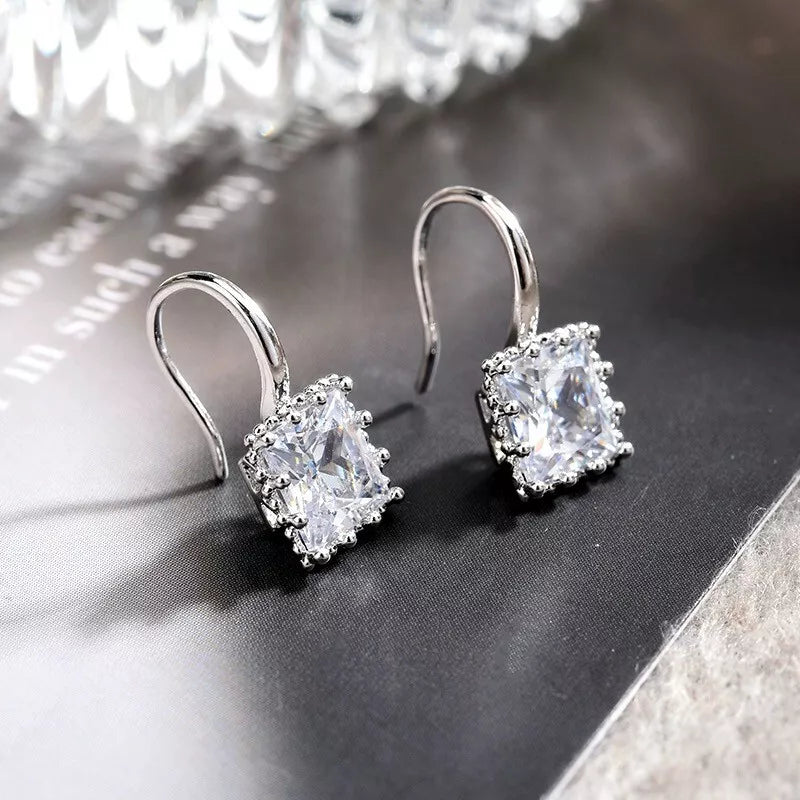 925 Sterling Silver Square Stone Drop Hook Earrings