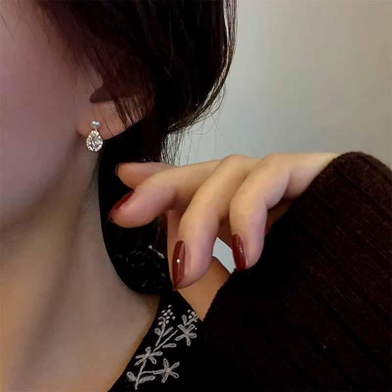 Elegant Sterling Silver Water Drop Earrings with Pearls and Zircon