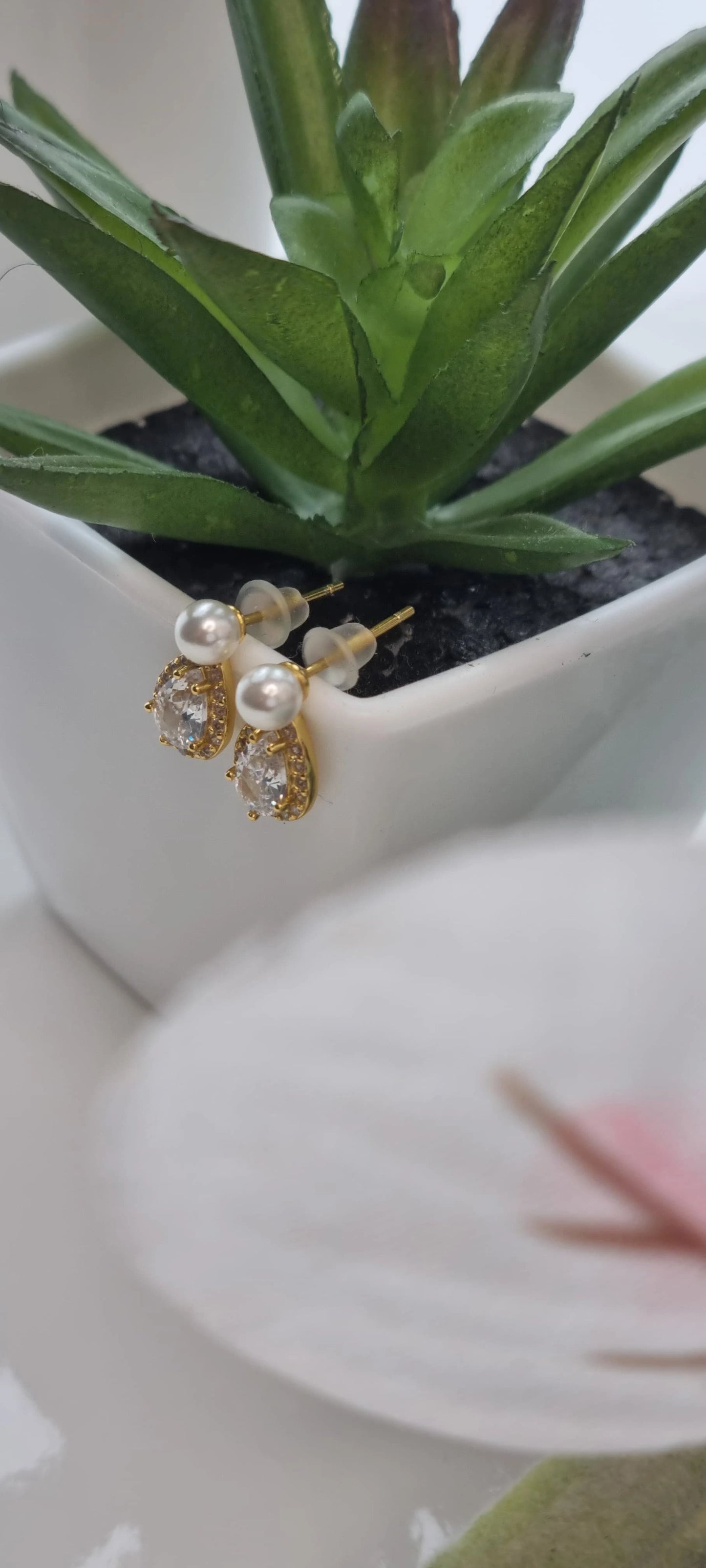 14k Gold Plated Pearl Stud Earrings with Shiny Zircon – Elegant Sterling Silver Water Drop Earrings for Women