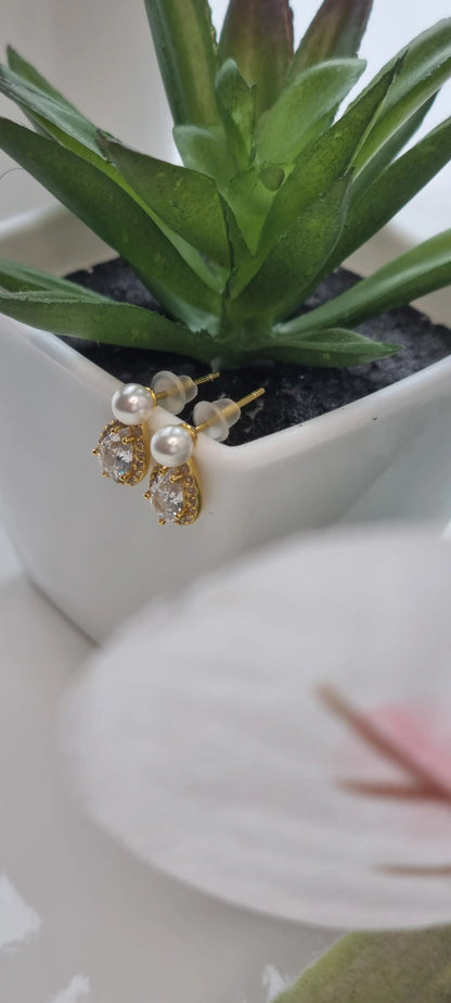 14k Gold Plated Pearl Stud Earrings with Shiny Zircon – Elegant Sterling Silver Water Drop Earrings for Women