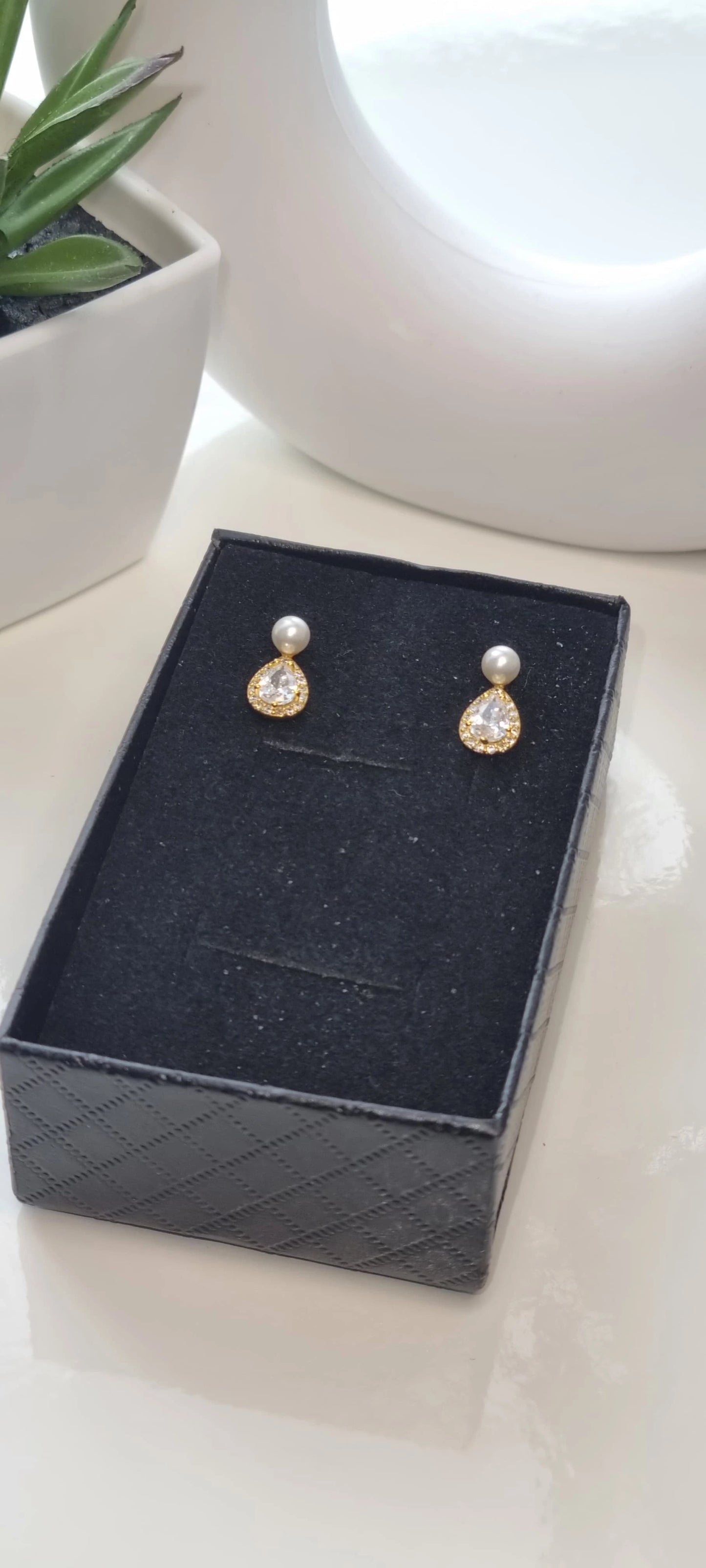 14k Gold Plated Pearl Stud Earrings with Shiny Zircon – Elegant Sterling Silver Water Drop Earrings for Women
