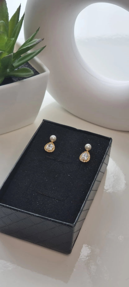 14k Gold Plated Pearl Stud Earrings with Shiny Zircon – Elegant Sterling Silver Water Drop Earrings for Women
