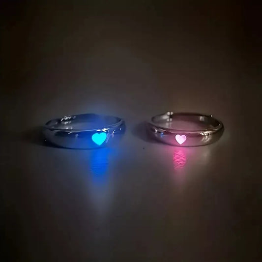 Glow in the Dark Couple Rings – Luminous Heart Matching Set, Adjustable Rings