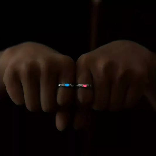 Glow in the Dark Couple Rings – Luminous Heart Matching Set, Adjustable Rings