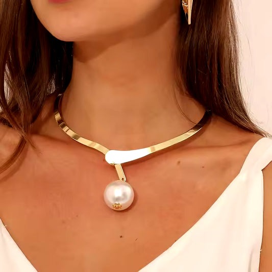Gold Plated Imitation Pearl Metal Collar Choker Necklace