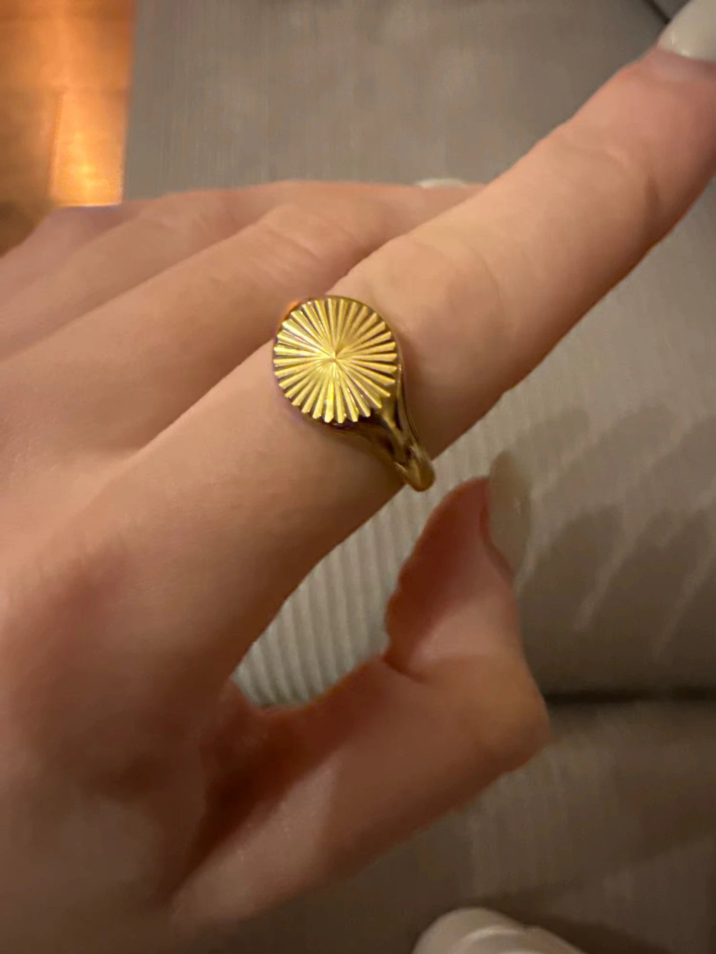 Gold Sun Geometric Wave Pattern Women's Ring, 9mm Wide, Size 6
