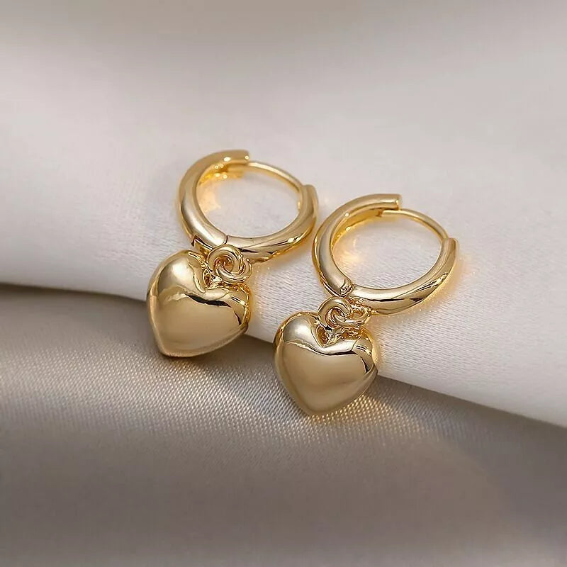 Gold Heart Charm Drop Hoop Earrings – Dangle Style for Women & Girls UK Jewellery Gift 2.2cm