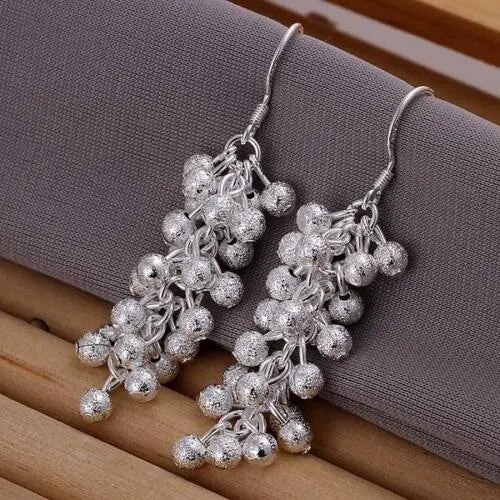 silver Grapes Dangle Cluster Earrings