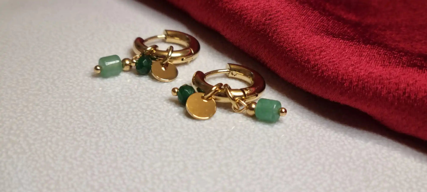 18K Gold Plated Stainless Steel Hoop Earrings with Vintage Green Natural Stone Charms and Zircon, 2.5cm by 1.5cm, Trendy Waterproof Jewelry