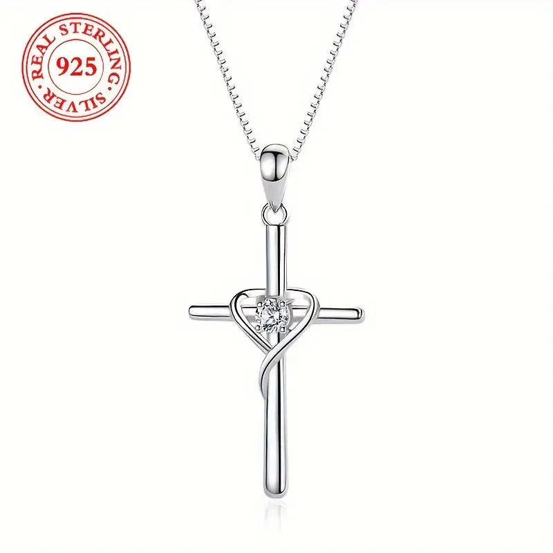 Heart Cross Pendant 925 Sterling Silver Women’s Necklace - Perfect Gift for Valentine’s Day, Xmas, Mother’s Day