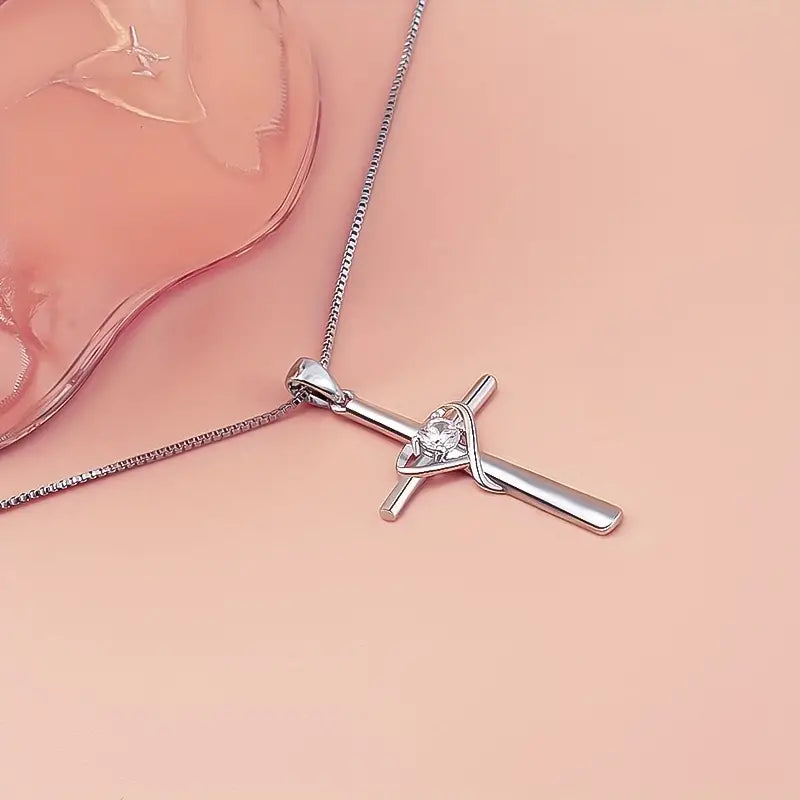 Heart Cross Pendant 925 Sterling Silver Women’s Necklace - Perfect Gift for Valentine’s Day, Xmas, Mother’s Day