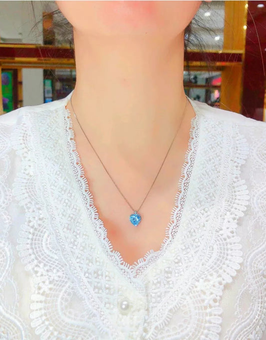 Heart Aqua Ocean Pendant Necklace in 925 Sterling Silver