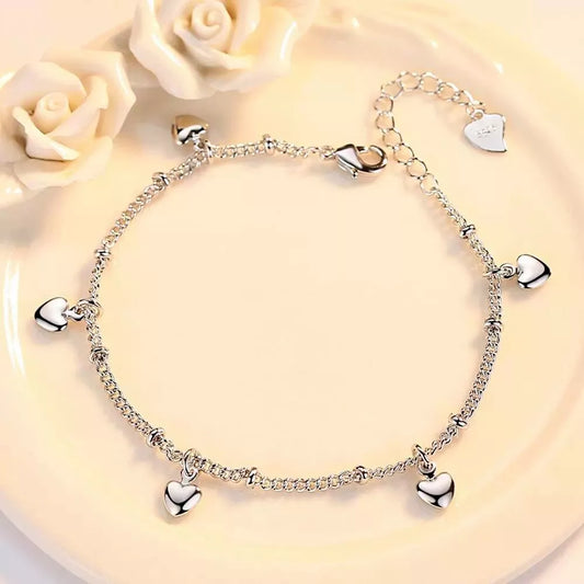 Heart Drop Linked Charm Bracelet - 925 Sterling Silver Jewellery Gift for Women & Girls (17+3cm)
