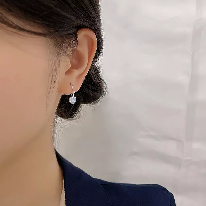 Heart Moonstone 925 Silver Hook Earrings
