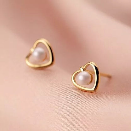 Lovely Heart Pearl Stud Earrings for Women - 925 Sterling Silver Jewellery Gift