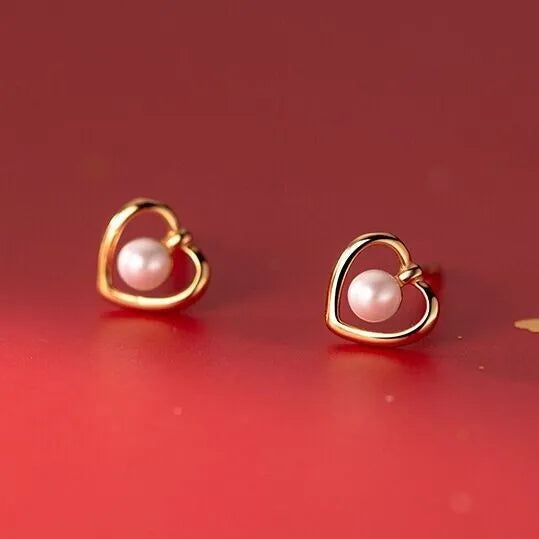 Lovely Heart Pearl Stud Earrings for Women - 925 Sterling Silver Jewellery Gift