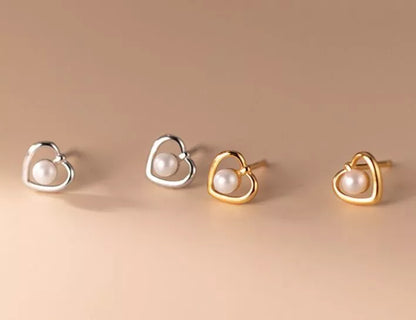Lovely Heart Pearl Stud Earrings for Women - 925 Sterling Silver Jewellery Gift