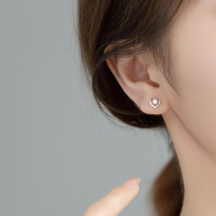 Lovely Heart Pearl Stud Earrings for Women - 925 Sterling Silver Jewellery Gift