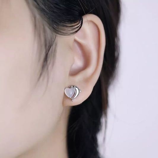 925 Sterling Silver Dolphin Heart Moonstone Stud Earrings – Women's Jewellery Gift, 9mm