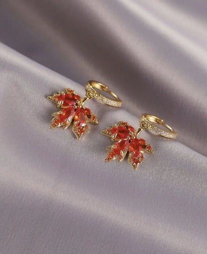 Orange Crystal Maple Leaf Dangle Hoop Earrings