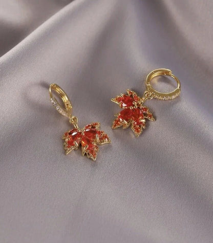 Orange Crystal Maple Leaf Dangle Hoop Earrings