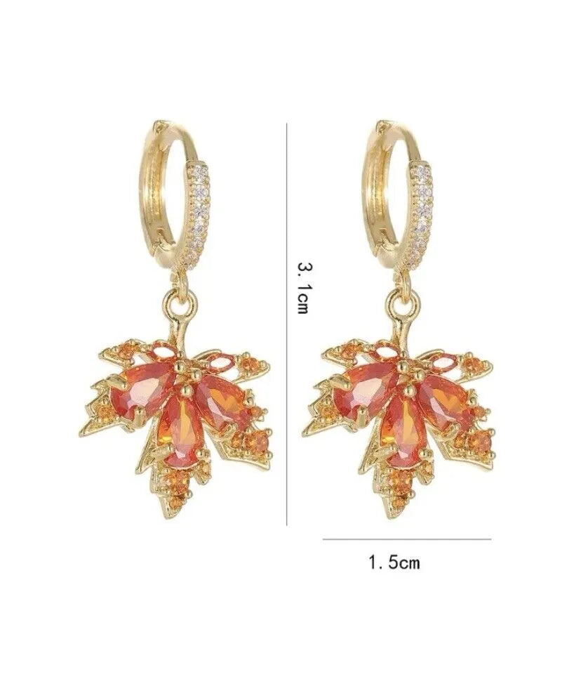 Orange Crystal Maple Leaf Dangle Hoop Earrings