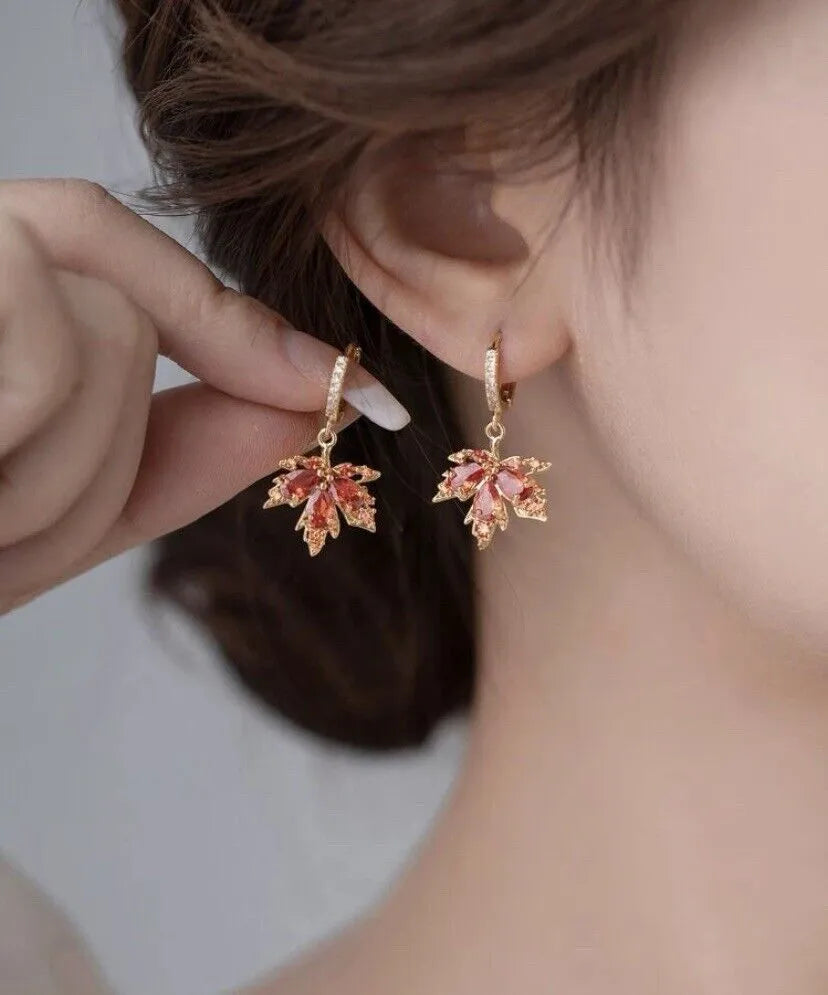 Orange Crystal Maple Leaf Dangle Hoop Earrings