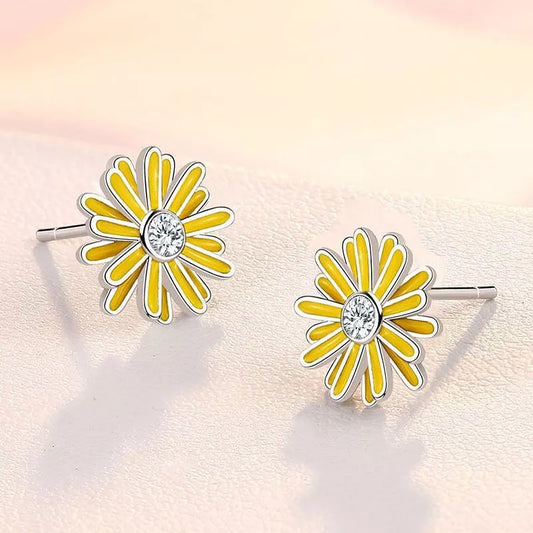 925 Sterling Silver Yellow Flower Crystal Stud Earrings – Hallmarked Floral Jewellery for Women & Girls (12mm)