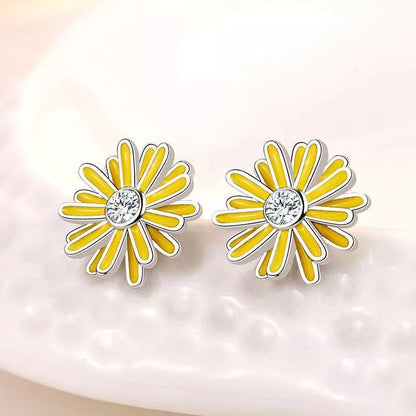 925 Sterling Silver Yellow Flower Crystal Stud Earrings – Hallmarked Floral Jewellery for Women & Girls (12mm)