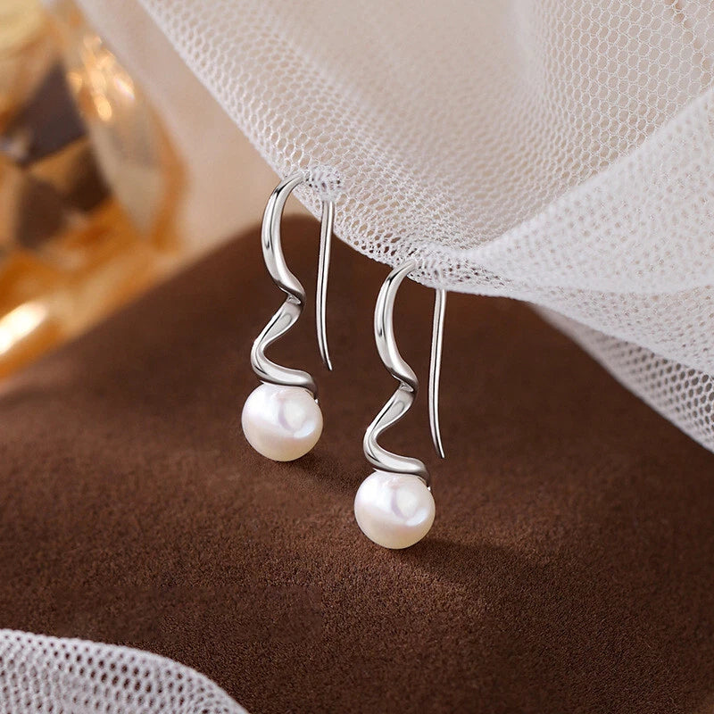 Elegant Pearl Twisted Stud Earrings – Sterling Silver Women's Gift