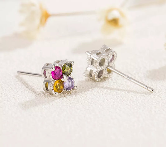 925 Sterling Silver Rainbow Crystal Clover Stud Earrings for Women