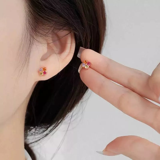 925 Sterling Silver Rainbow Crystal Clover Stud Earrings for Women